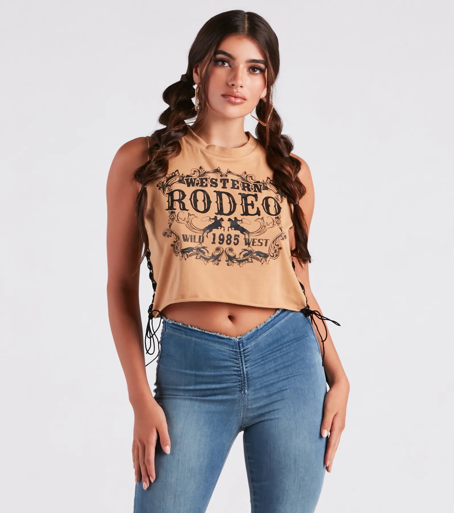 Hit The Rodeo Lace-Up Graphic Tank Top Geometric