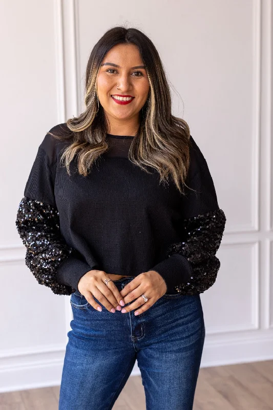 Black Waffle Knit Top with Mesh and Sequin Details Bold Women's Animal Print