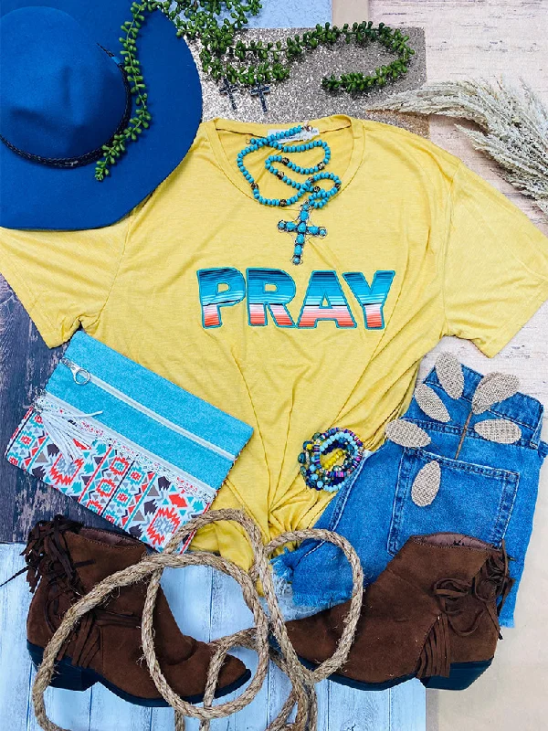 Stitched Serape Pray on Mustard Cuff Tee Sporty Women's Athleisure 