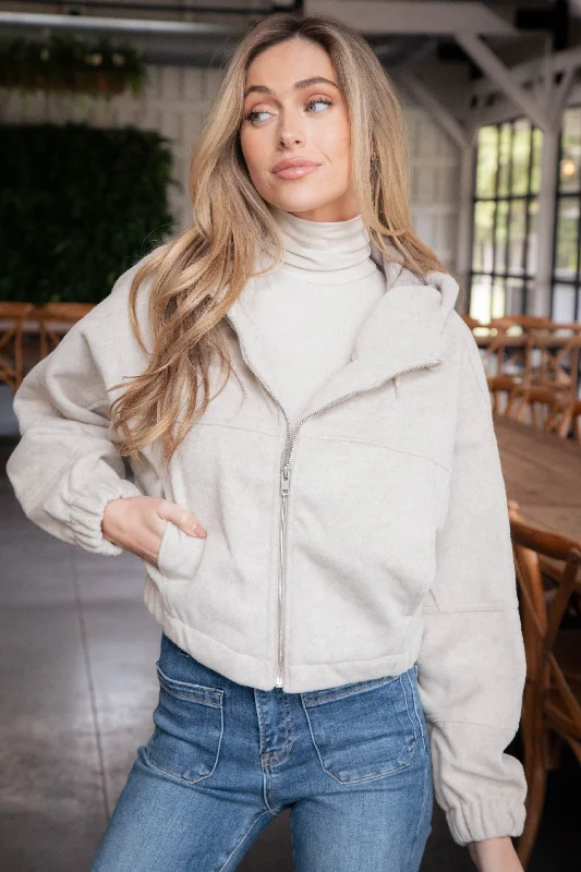 Janie Wool-Like Bomber Jacket, Oatmeal Hip Women's Retro