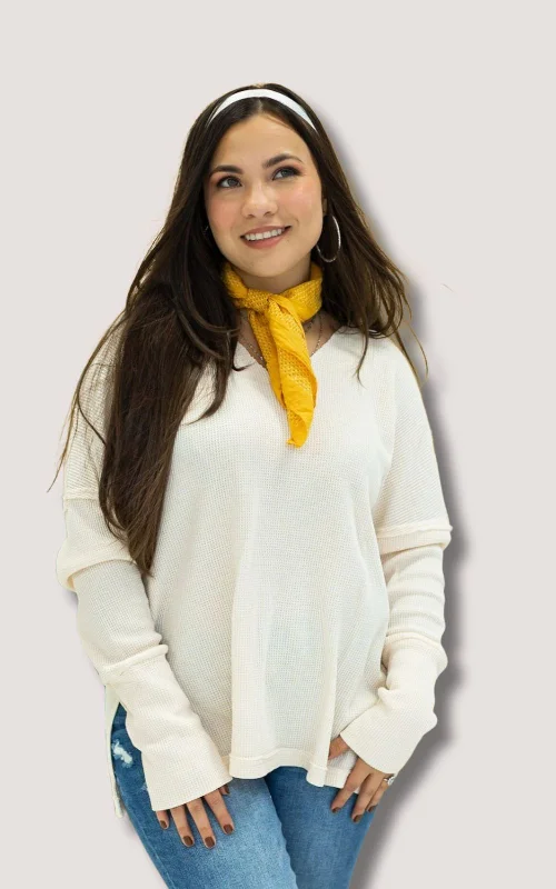Pretty Pleased Waffle Knit Top in Ivory Refined Women's 