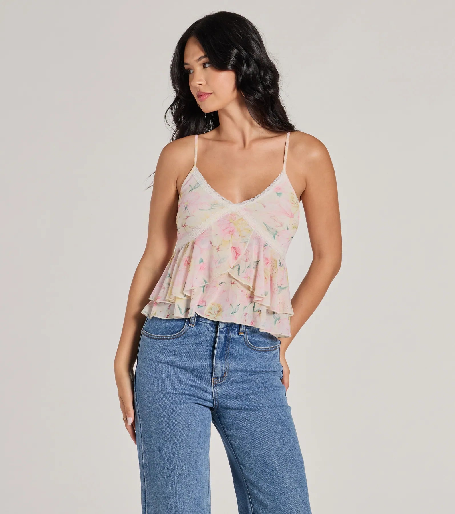Flirty Ruffled Floral Mesh Lace Trim Top Feminine Women's Soft 