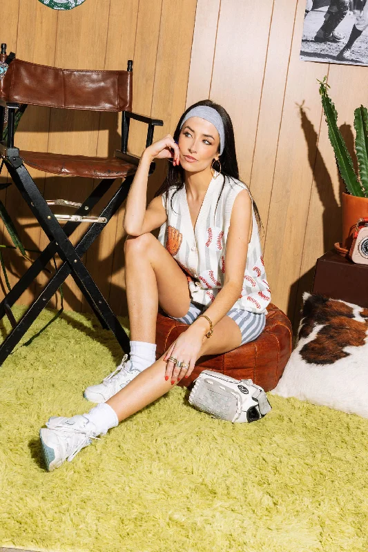 Grey & White Stripe Baseball & Glove Button Up Tank Sporty Women's Athleisure 