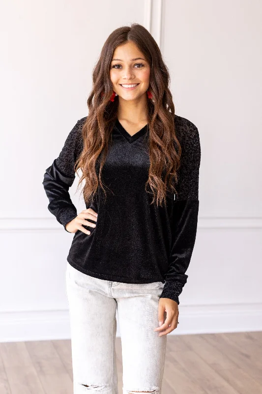 Black Velvet Top with Burnout Leopard Details Feminine Women's Style 