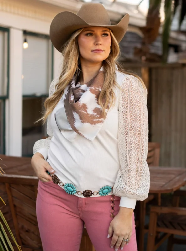 Ribbed Top with Lace Sleeves, White Luxurious Women's High -  end