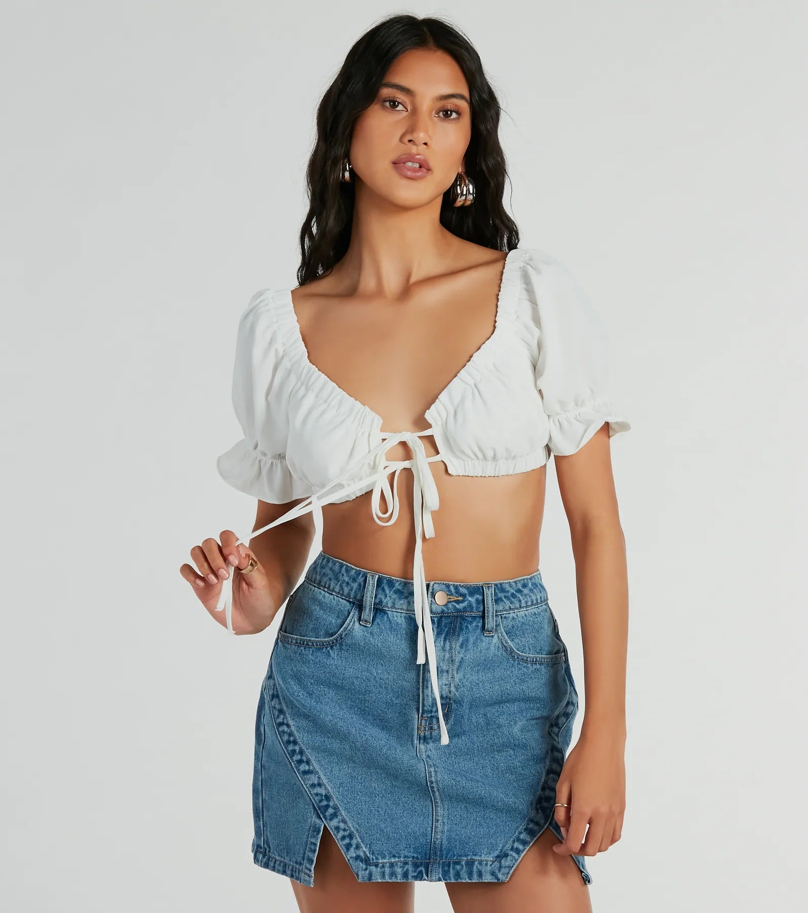 Fresh Look Puff Sleeve Tie-Front Crop Top Vintage Women's 1970S 