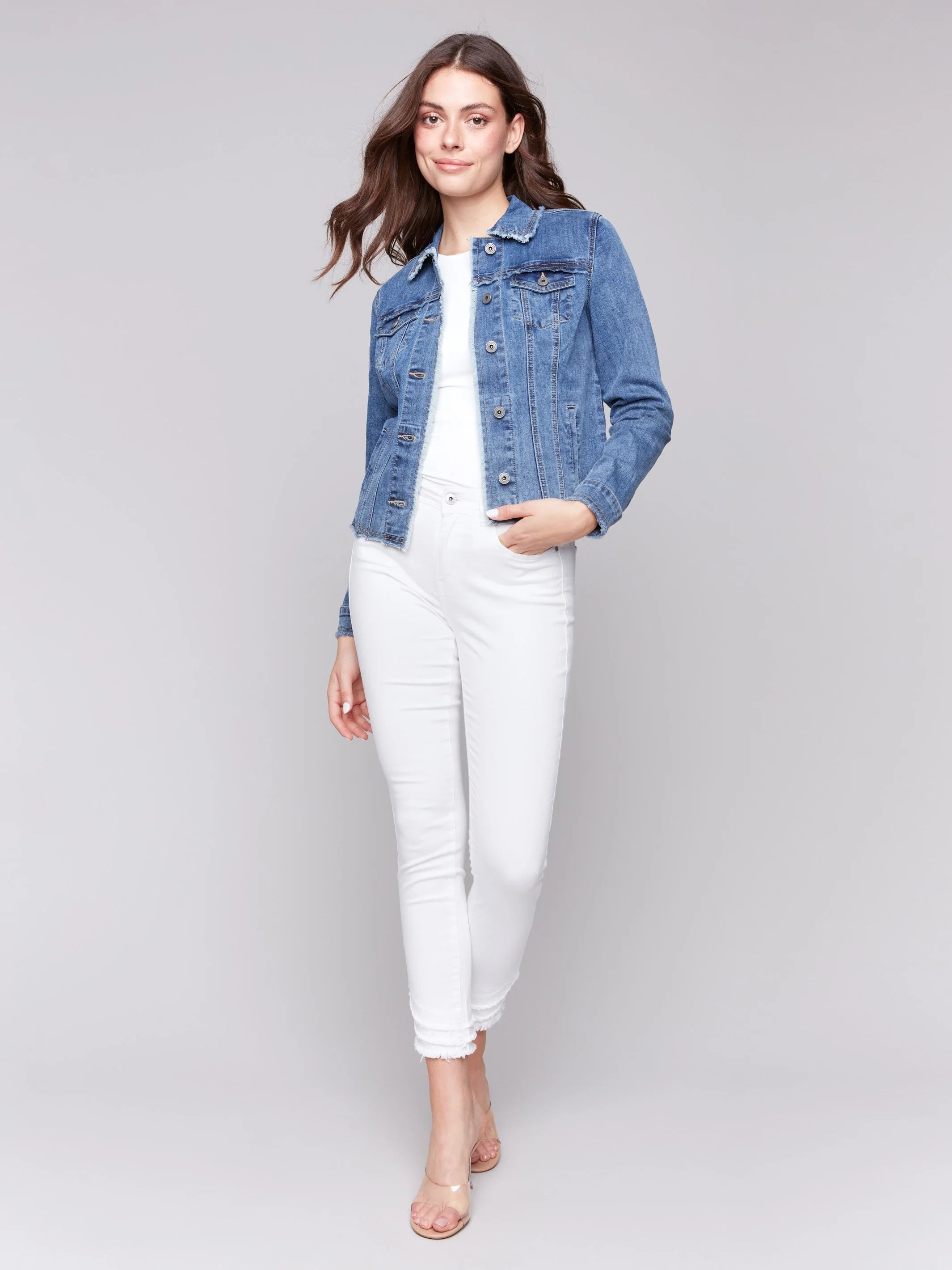 C.B C6233X Frayed Edge Stretch Denim Jacket Laid - back Women's Vibe
