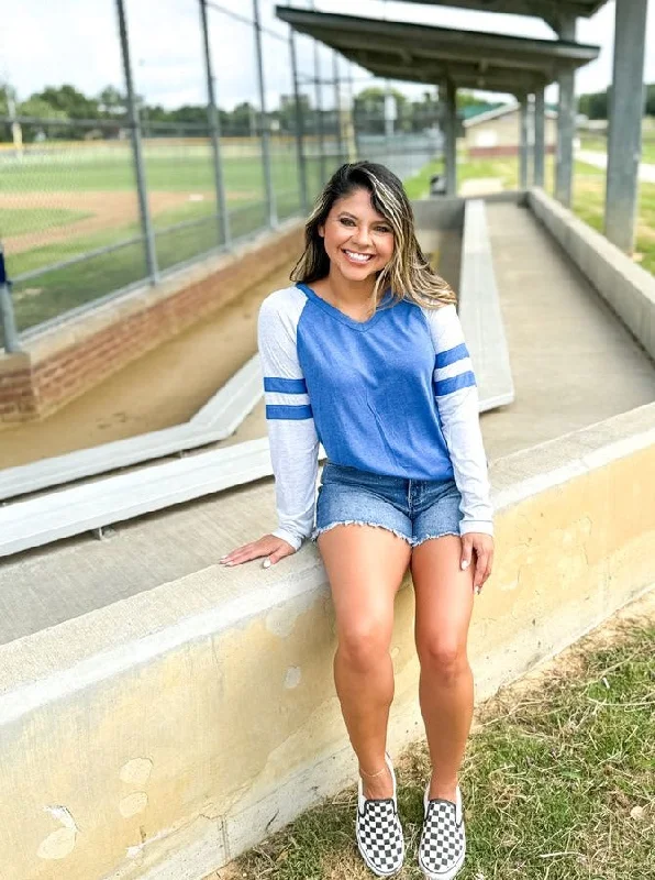 Royal Blue Long sleeve Tee with Varsity Stripe Classic Women's Pin - striped