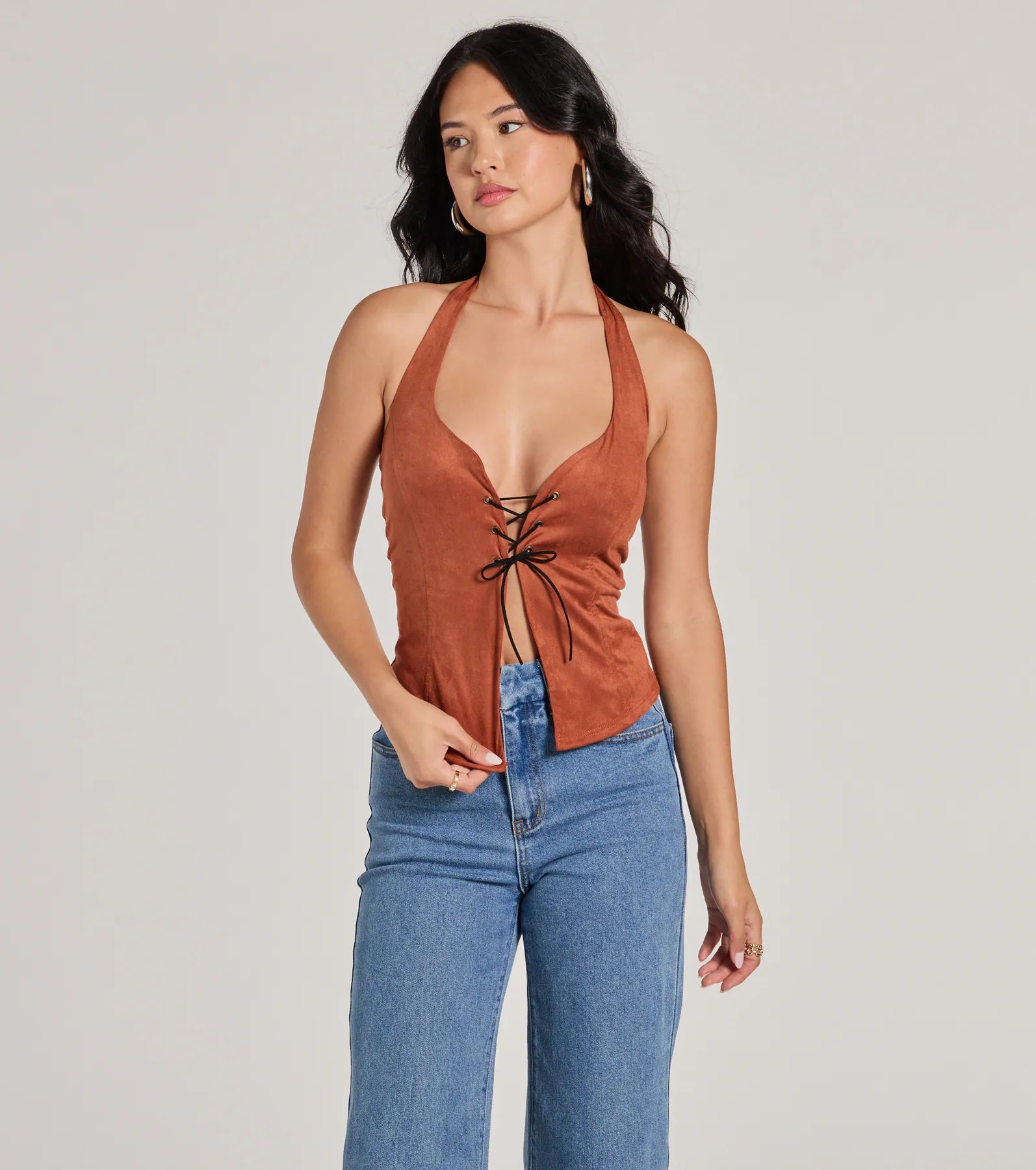 Country Girlie Halter Lace-Up Faux Suede Crop Top Traditional Women's Wool