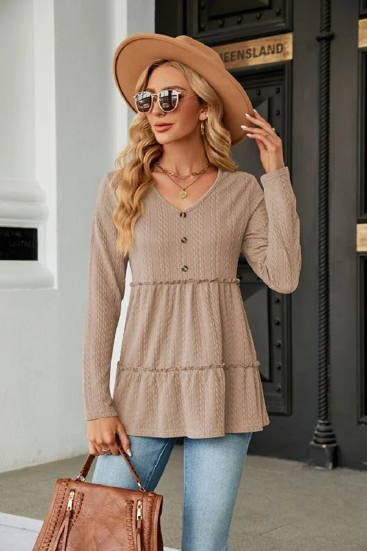 Long Sleeve V-Neck Cable-Knit Blouse Geometric