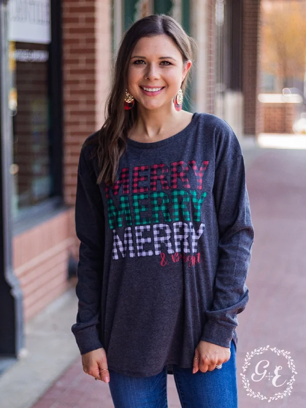 Merry Merry Merry & Bright Round Neck Long Sleeve with Knit Wrist Bohemian Women's Free