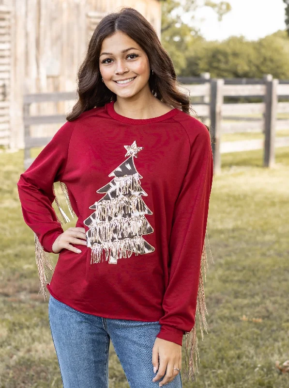 Red Top With Cowhide Tree and Sequin Fringe Tough Women's Military - inspired