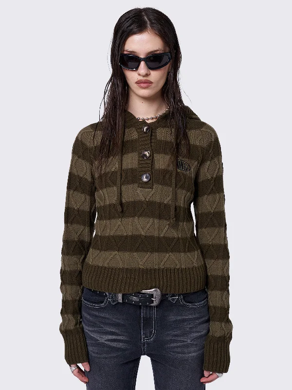 Olive Striped Knitted Hoodie Scandinavian
