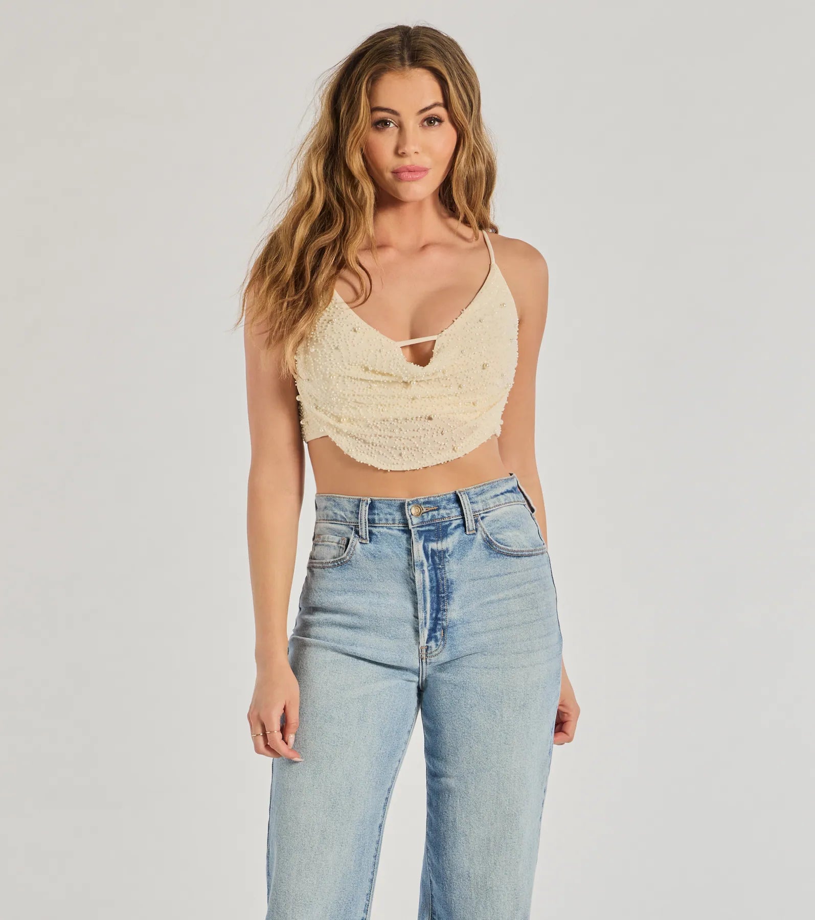 Glam Goals Faux Pearl Crop Top Cool Women's Distressed