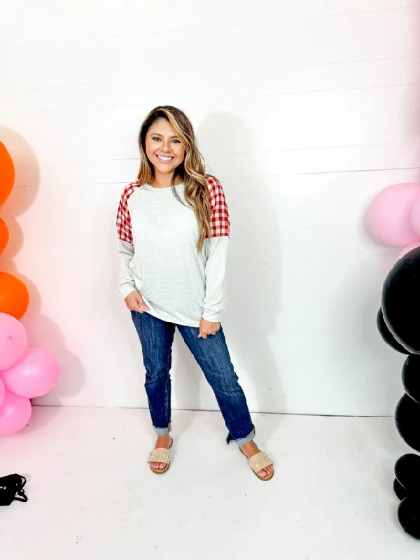 Grey Longsleeve with Red Gingham Inset Sophisticated Women's 