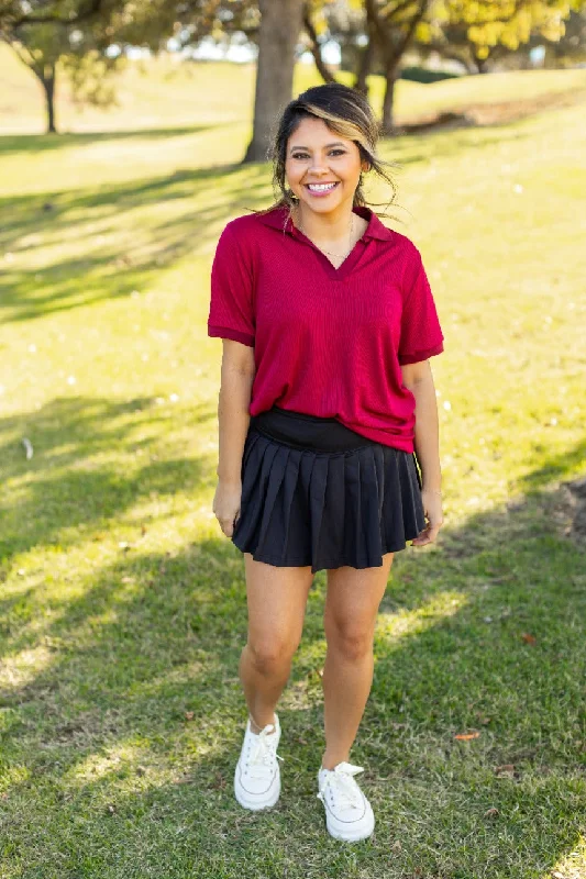 Rib Knit Polo Top, Maroon Trendy Women's 