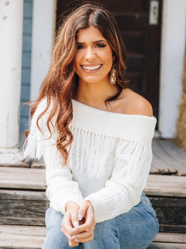 Total Frill Off the Shoulder Fringe Sweater in White Geometric