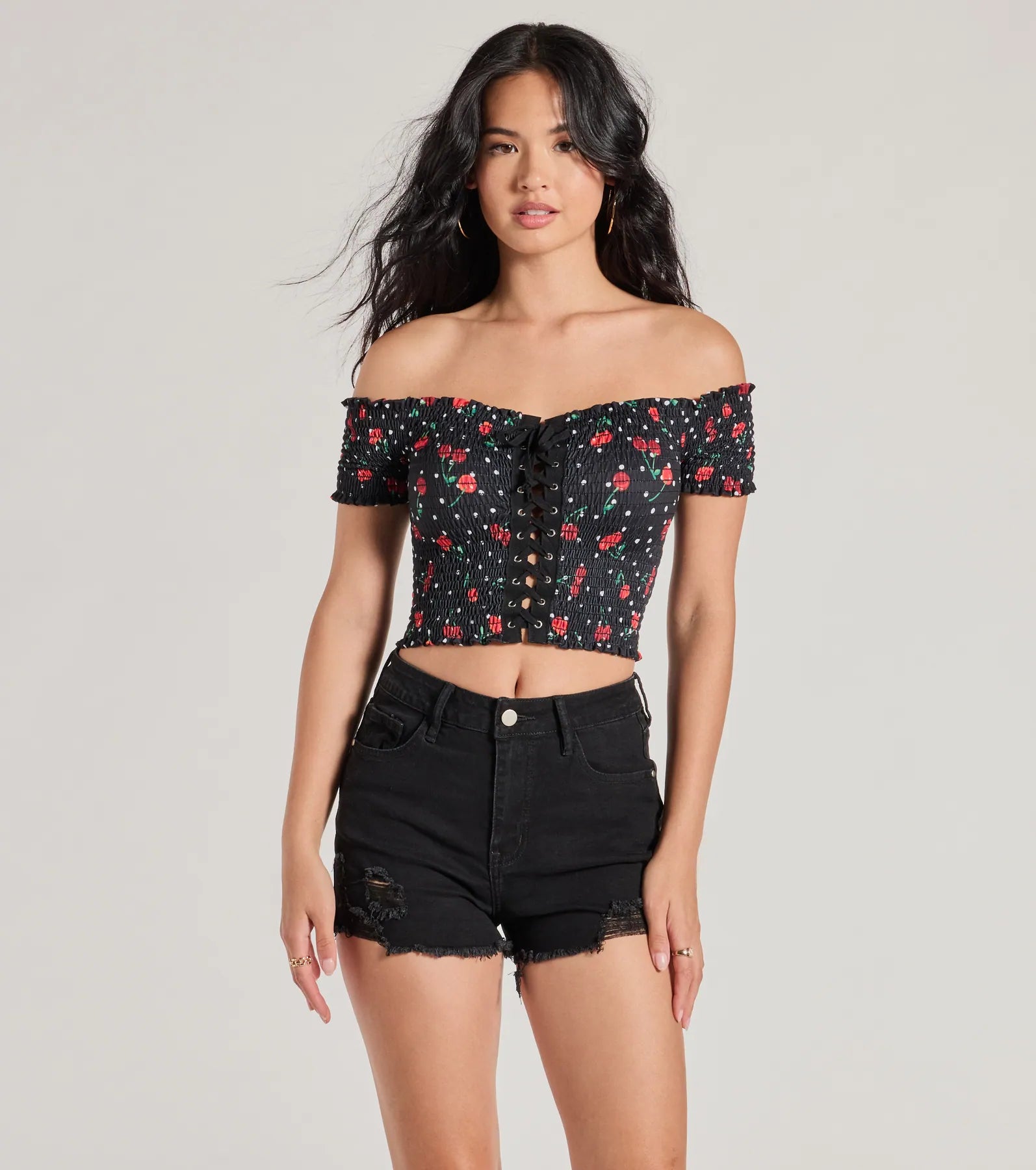 Sweet Like Cherries Lace-Up Off-The-Shoulder Top Unique Women's Upcycled
