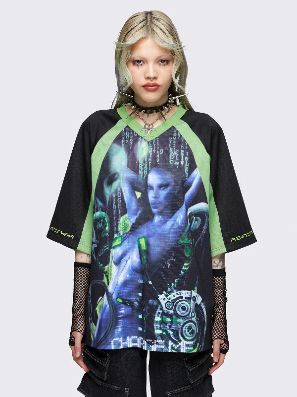Minga x Pepela NYC Black Football Jersey T-shirt Sleek Women's Metallic