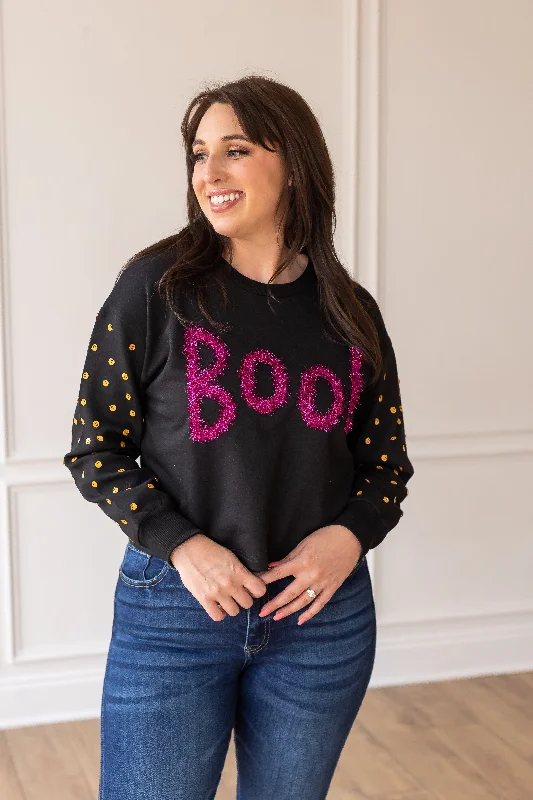 Black Boo Crewneck with Pumpkin Sequin Sleeves Feminine Women's Style 