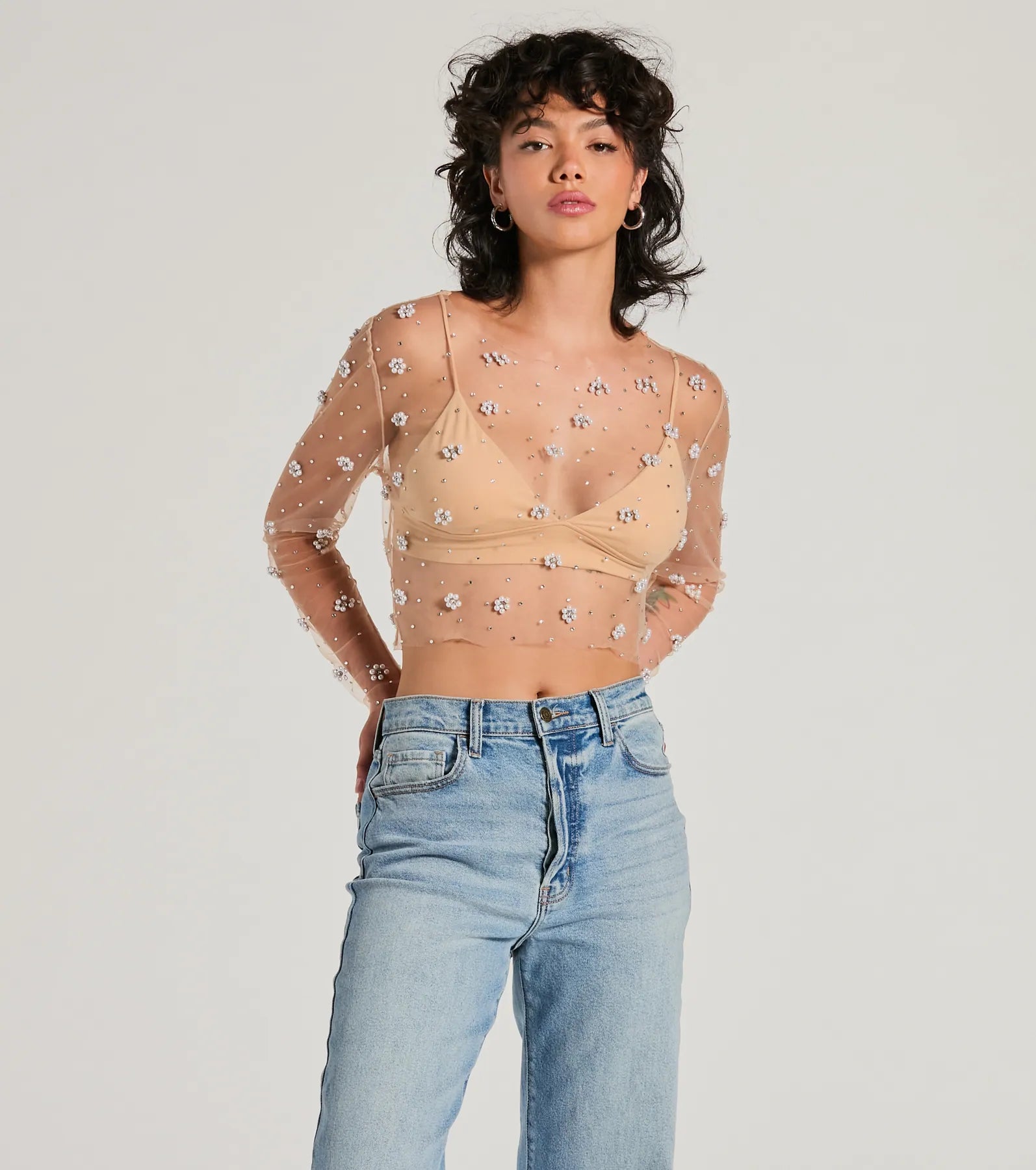 Flirty Floral Rhinestone Pearl Sheer Mesh Crop Top Artistic Women's Hand - painted