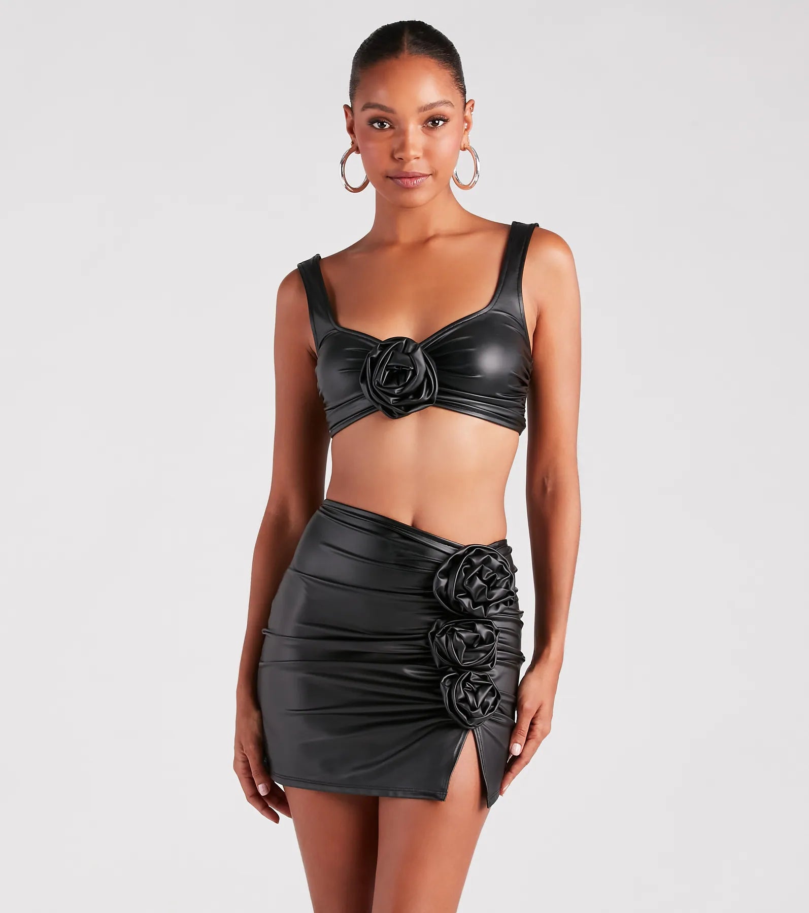 Make It Bloom Faux Leather Rosette Crop Top Refined Women's Hand - crafted