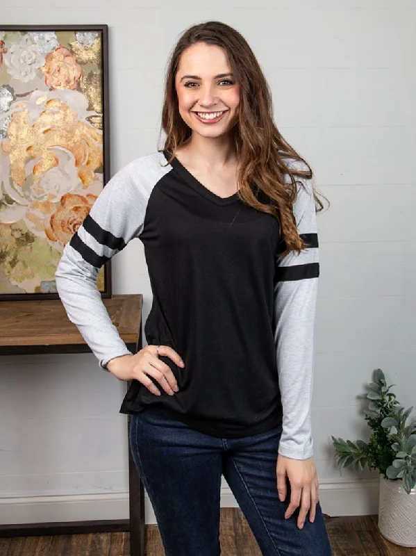 Black Longsleeve Tee with Grey Sleeves & Varsity Stripe Athletic Women's 