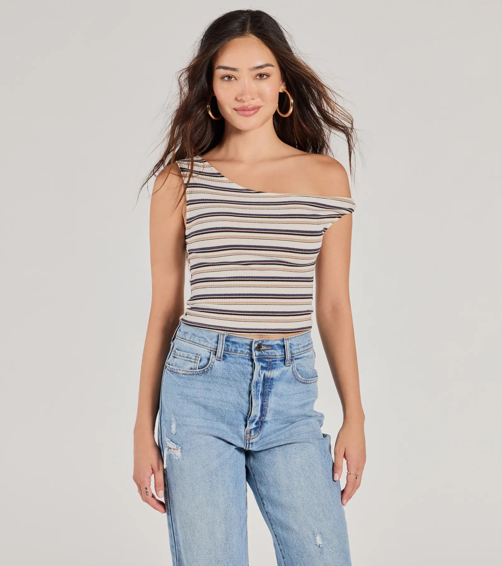 Trendy Twist One-Shoulder Striped Crop Top Practical Women's Quick - dry