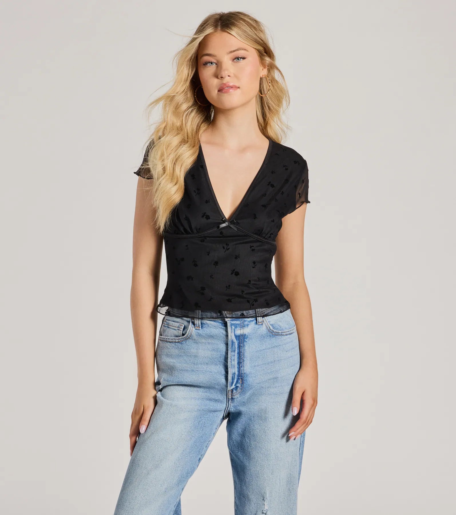 Mood Set V-Neck Floral Velvet Pattern Mesh Top Australian Beach