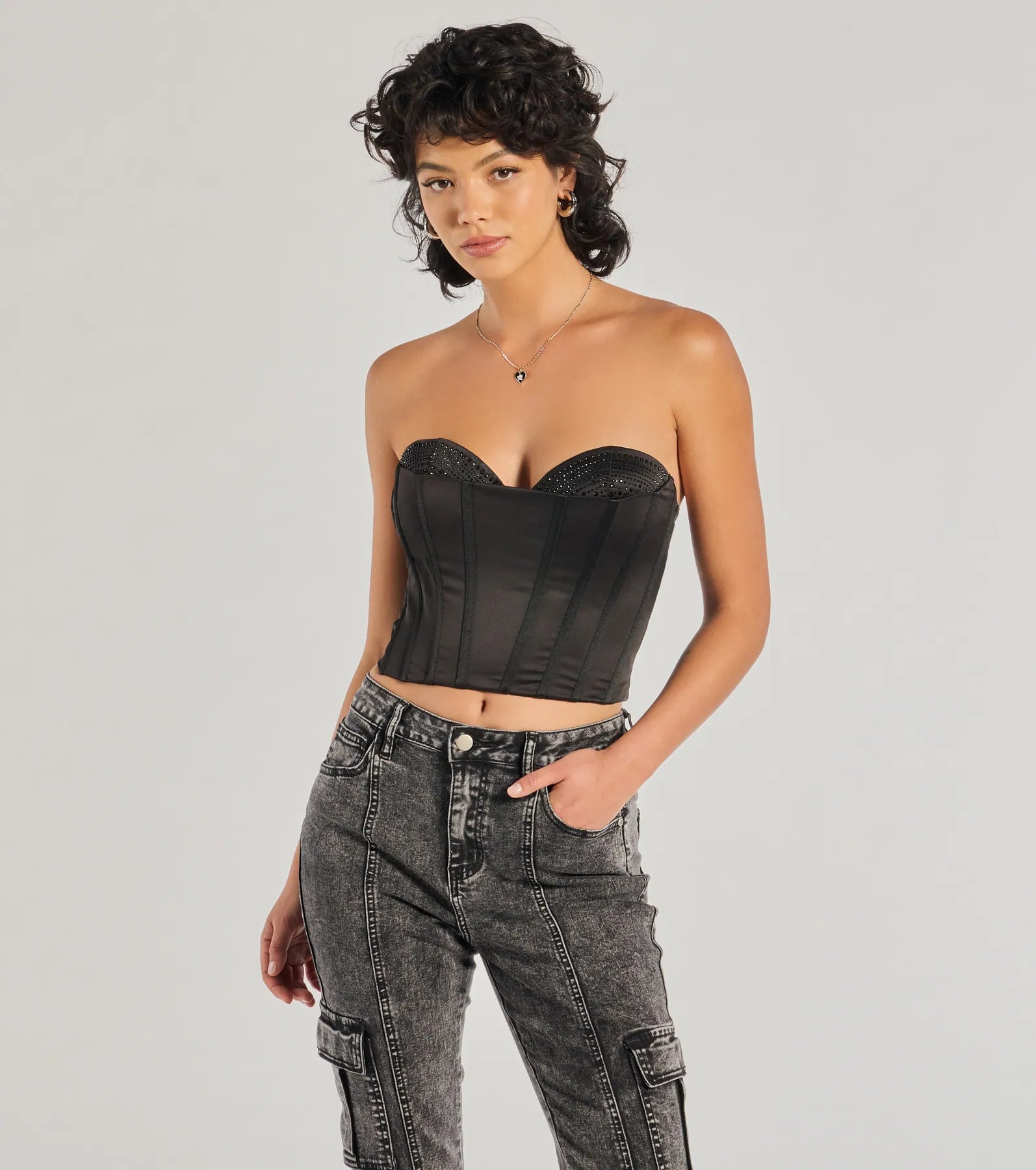 Glam Alert Satin And Rhinestone Corset Top Classic Women's Pin - striped