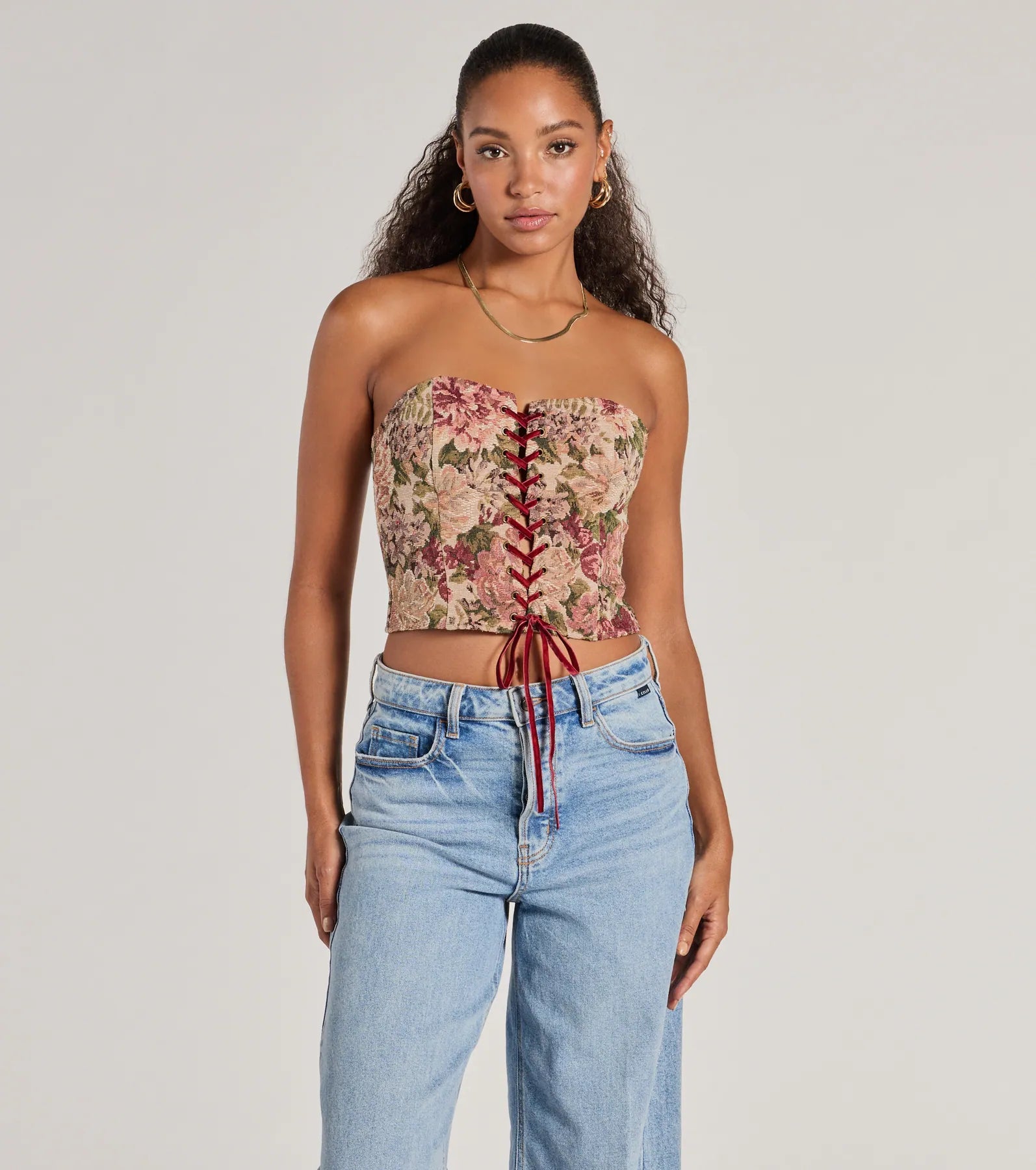 Blooming Beauty Tapestry Lace-Up Cropped Corset Top Relaxed Women's Beachy