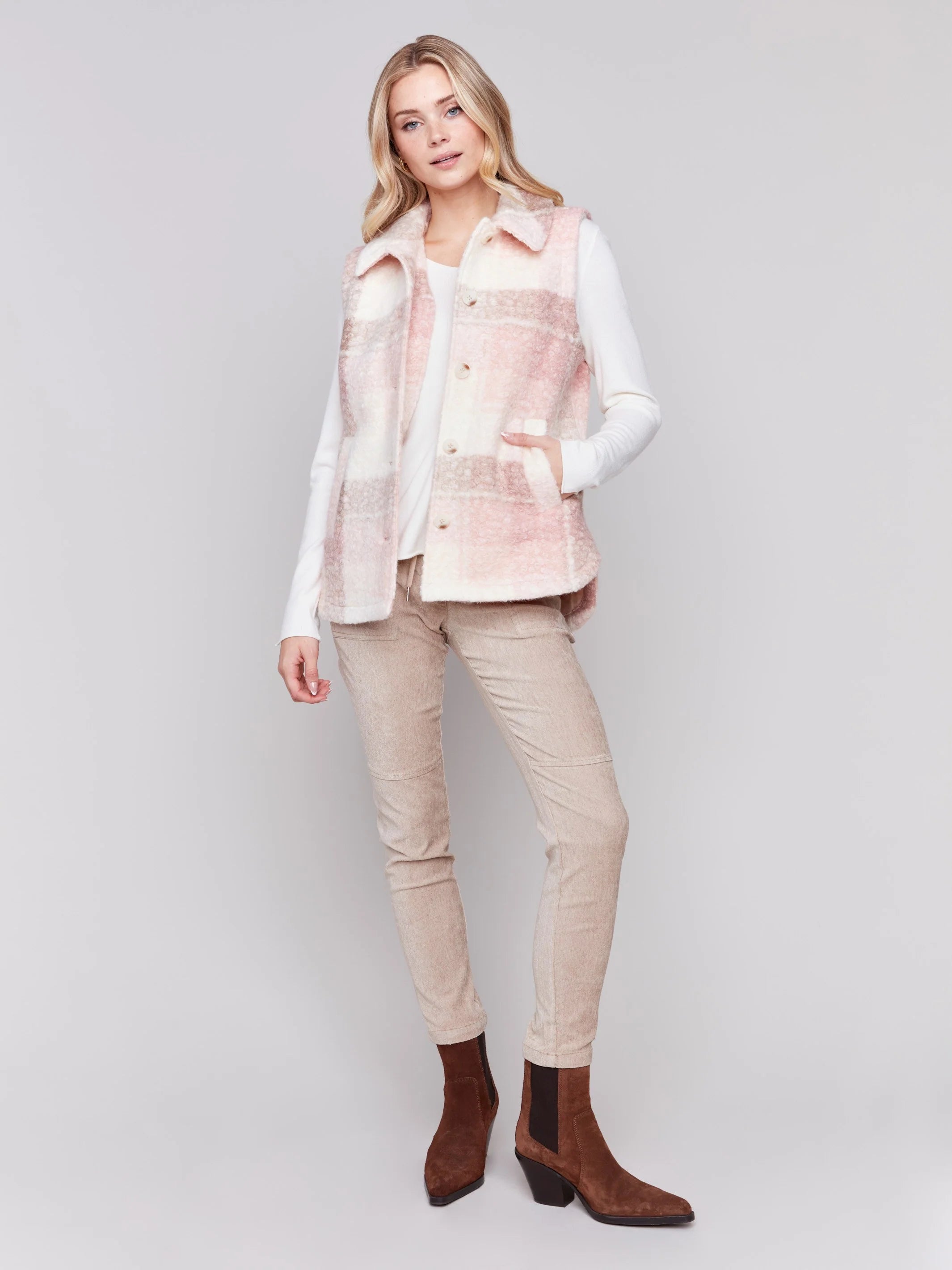 C.B C6319 Plaid Bouclé Knit Vest Edgy Women's Punk