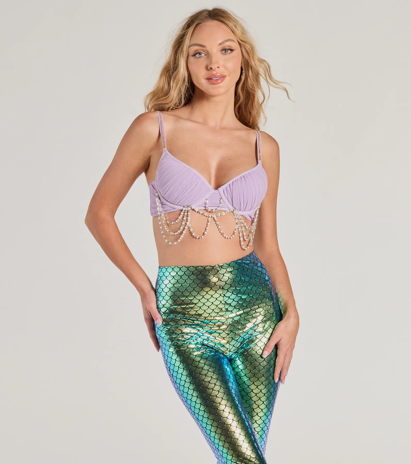 Mystical Mermaid Rhinestone And Pearl Trim Bra Top Elegant Women's Formal 