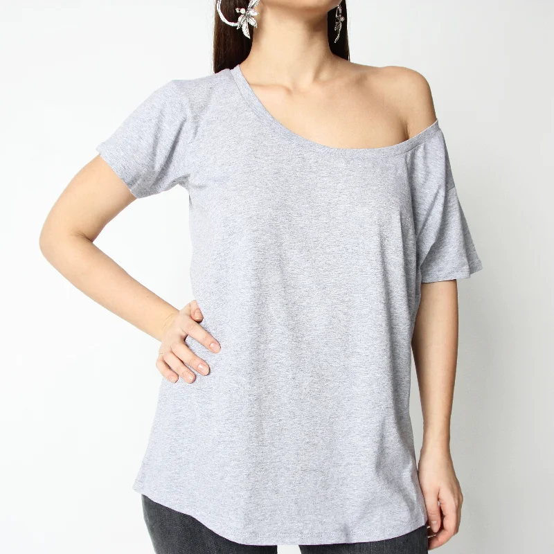 Grey Off Shoulder T-shirt Artistic Women's Hand - painted