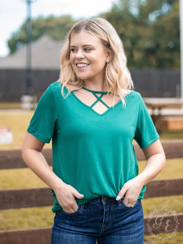 Vinyard Day Caged Neckline Tee, Green Streetwear Style for 