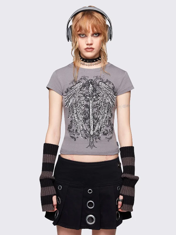 Angel Wings Grey Baby Tee Artistic Women's Hand - painted