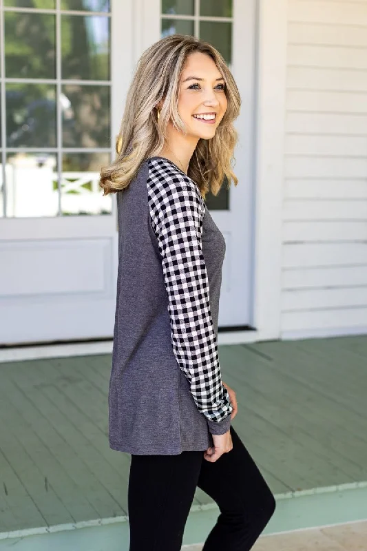 Grey Longsleeve Tee with White Gingham Sleeves Practical Women's Quick - dry