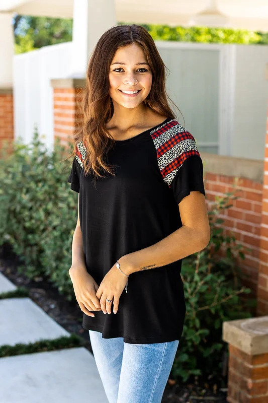 You Can't Sleeve Me Alone Black Short Sleeves T-Shirt with Leopard and Red Checkers Tough Women's Military - inspired