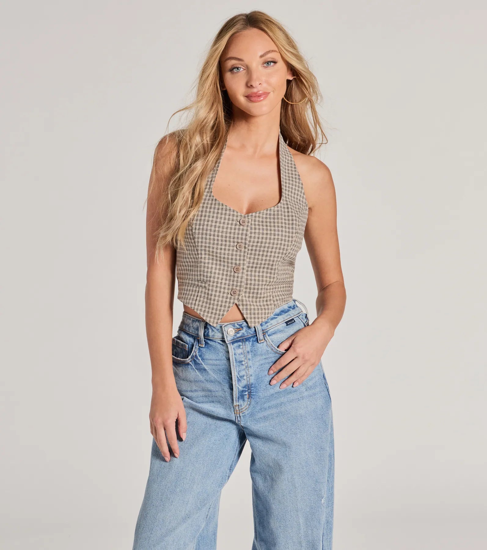 Keep On Charming Plaid Linen Cropped Vest Cashmere