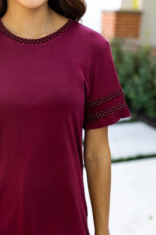 Go, Fight, Win! Polka Dot Trim Tee, Maroon Disco