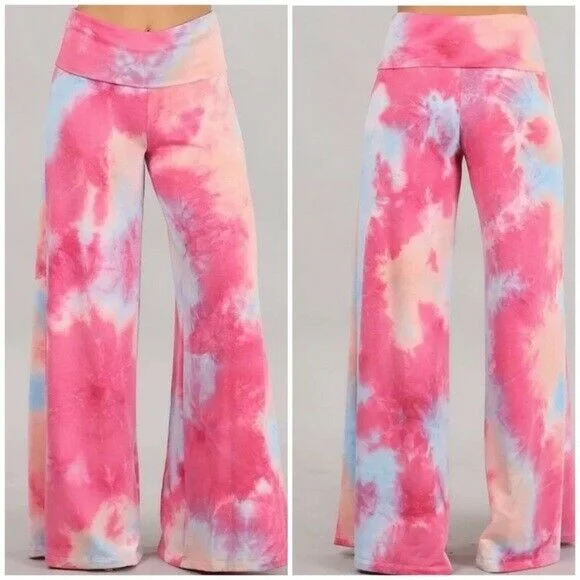 Fuchsia Pink Tie Dye Wide Leg Palazzo Relaxed Fit Foldover Waist Lounge Pants Sharp Women's Italian Fuchsia Pink Tie Dye Wide Leg Palazzo Relaxed Fit Foldover Waist Lounge Pants Sharp Women's Italian