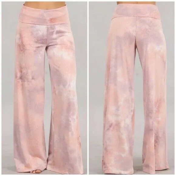 Lilac Mauve Tie Dye Wide Leg Palazzo Relaxed Fit Foldover Waist Lounge Pants Refined Women's Velvet Lilac Mauve Tie Dye Wide Leg Palazzo Relaxed Fit Foldover Waist Lounge Pants Refined Women's Velvet