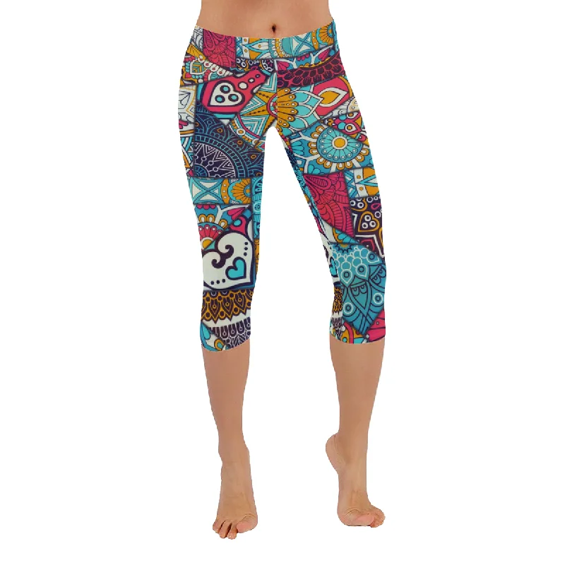 Mandala Patchwork pattern Women's Low Rise Capri Leggings (Invisible Stitch) Dapper Women's Bow - adorned Mandala Patchwork pattern Women's Low Rise Capri Leggings (Invisible Stitch) Dapper Women's Bow - adorned