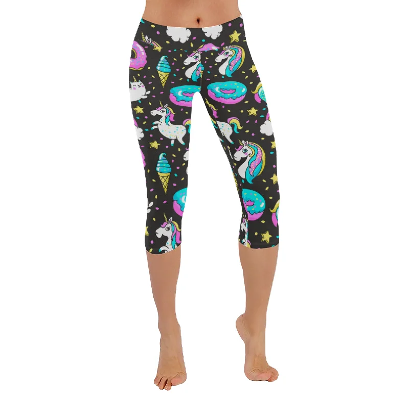 Seamless Pattern with Unicorns Donuts Rainbow Women's Low Rise Capri Leggings (Invisible Stitch) Vintage Women's 1970S Seamless Pattern with Unicorns Donuts Rainbow Women's Low Rise Capri Leggings (Invisible Stitch) Vintage Women's 1970S