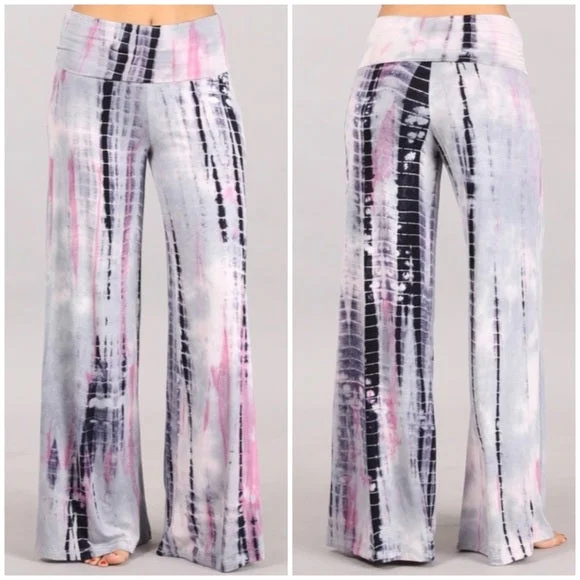 Silver Pink Tie Dye Foldover High Waist Wide Leg Palazzo Lounge Stretch Pants Scandinavian Silver Pink Tie Dye Foldover High Waist Wide Leg Palazzo Lounge Stretch Pants Scandinavian
