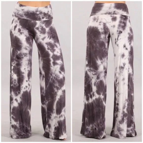 Taupe Gray Tie Dye Foldover High Waist Wide Leg Palazzo Lounge Stretch Pants Preppy Women's College Taupe Gray Tie Dye Foldover High Waist Wide Leg Palazzo Lounge Stretch Pants Preppy Women's College