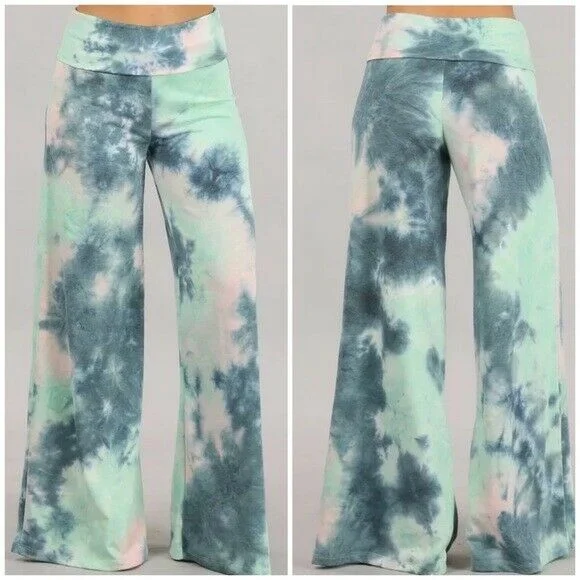 Teal Green Tie Dye Wide Leg Palazzo Relaxed Fit Foldover Waist Lounge Pants Cozy Women's Sherpa - lined Teal Green Tie Dye Wide Leg Palazzo Relaxed Fit Foldover Waist Lounge Pants Cozy Women's Sherpa - lined
