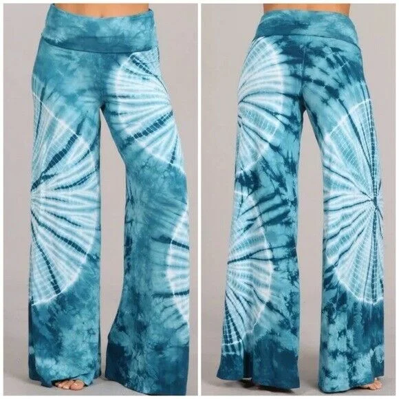 Teal Tie Dye Boho Wide Leg Palazzo High Foldover Waist Stretch Womens Pants Geometric Teal Tie Dye Boho Wide Leg Palazzo High Foldover Waist Stretch Womens Pants Geometric
