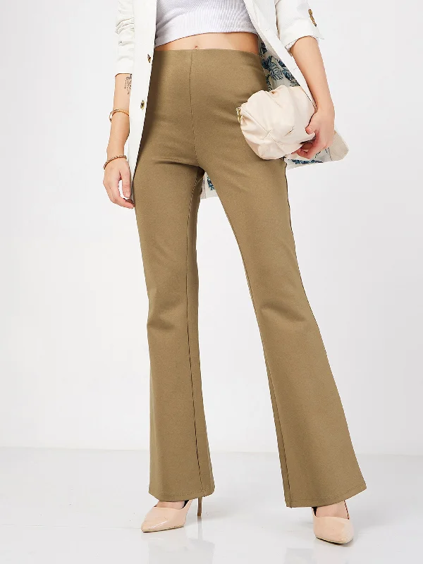 Women Beige Bell Bottom 4-Way Stretch Pants Polished Women's Silk