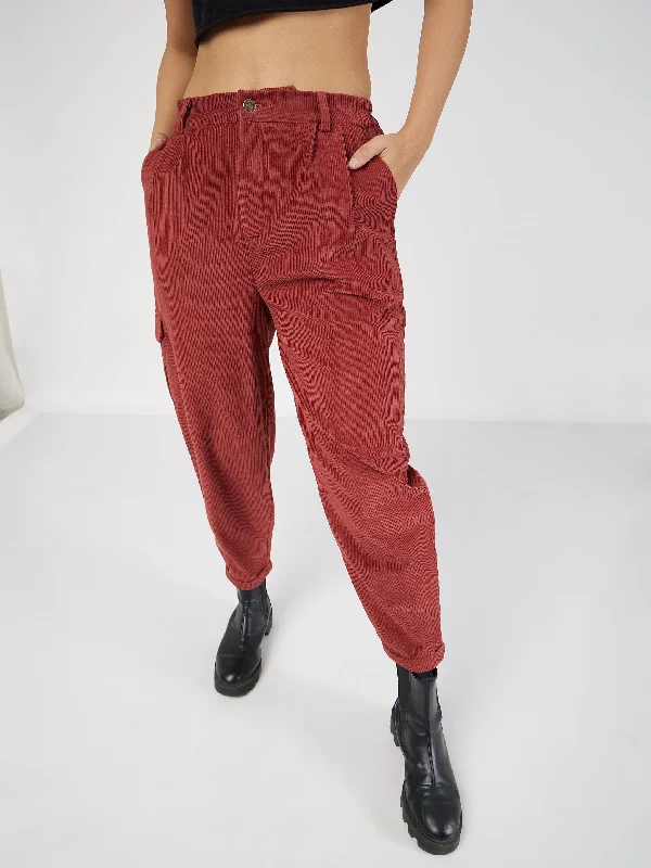 Women Rust Corduroy Carrot Fit Pants Elegant Women's Formal 